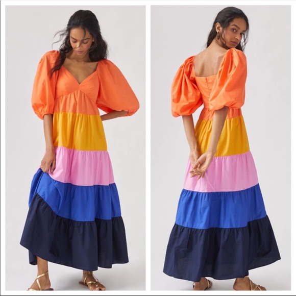Anthropologie x Farm Rio Tiered Colorblocked Maxi Dress Puff Short Sleeve NEW - Picture 4 of 5